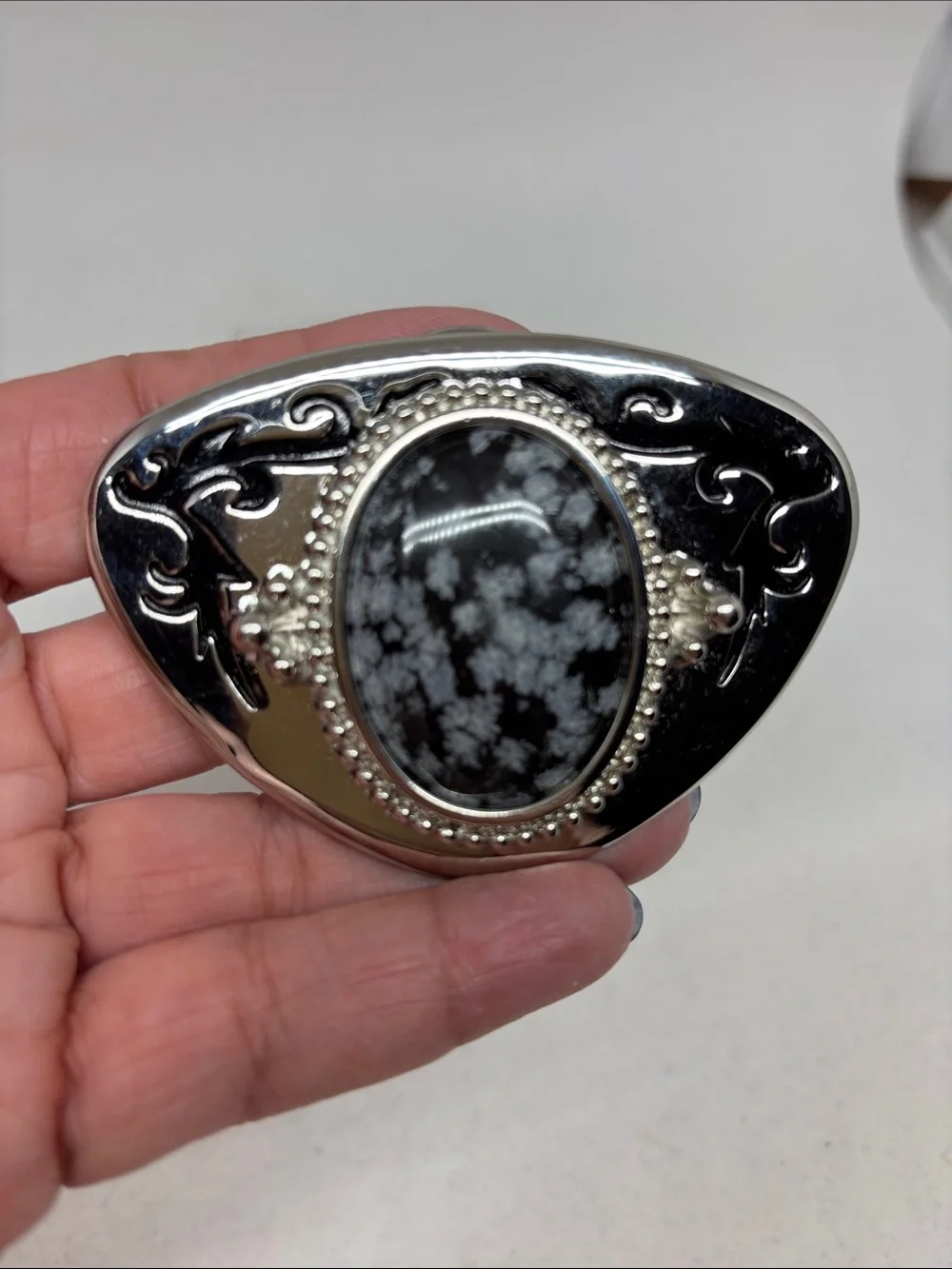 Silver-Tone Snowflake Obsidian Belt Buckle